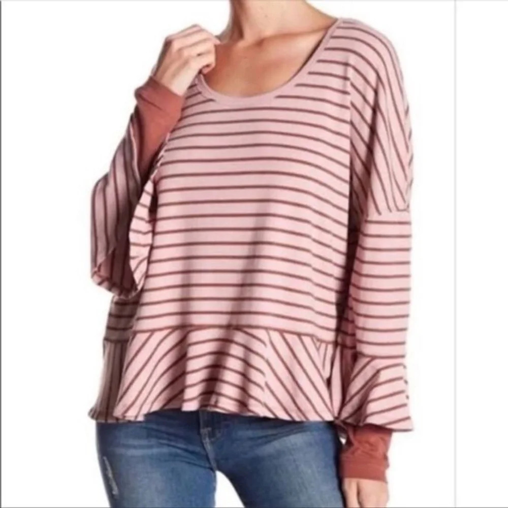 Free People Pink Striped Ruffle Hem Top